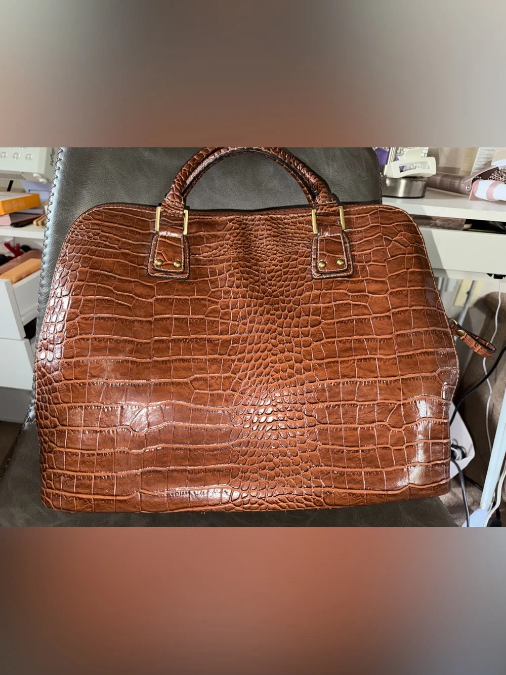 Croc-Embossed Brown Tote Bag - Classic Leather Look